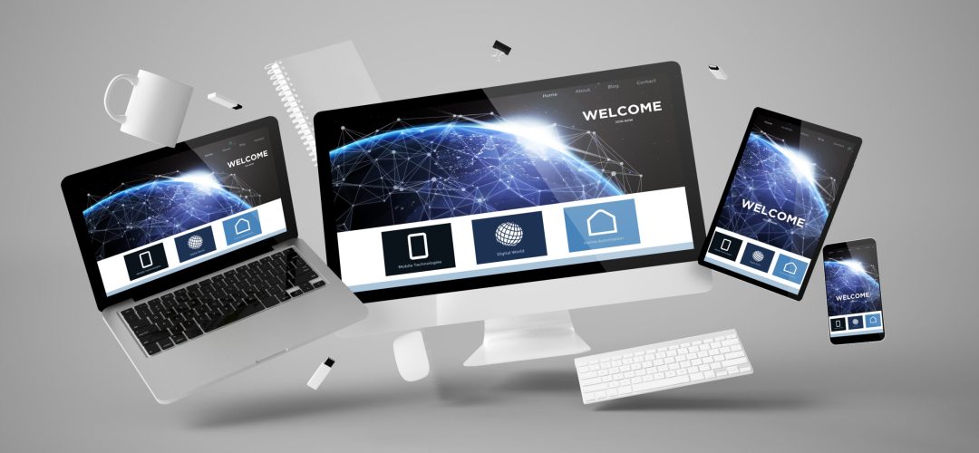 office stuff and devices floating with welcome page website 3d rendering