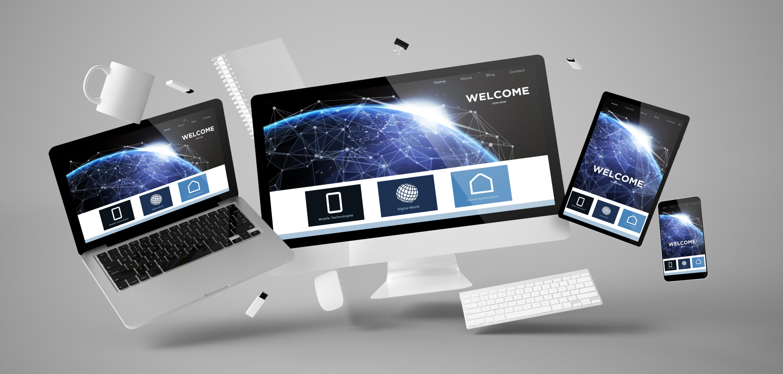 office stuff and devices floating with welcome page website 3d rendering