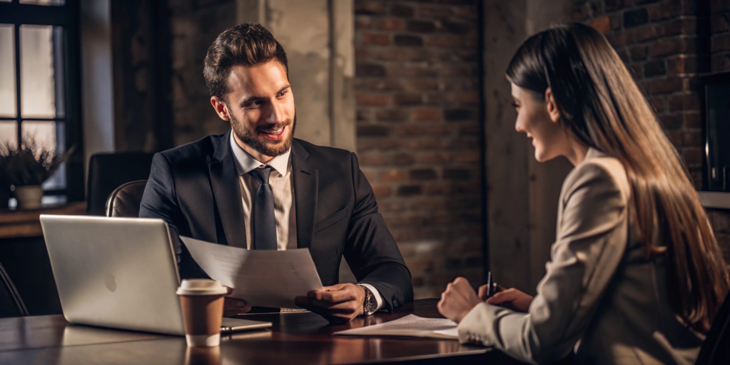 Young bank manager going through agreement with her client during meeting in office